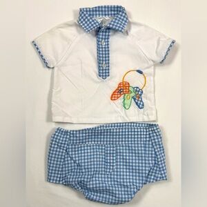 MAYFAIR VINTAGE 70s-80s Baby‎ Boys’ Gingham Embroidered Keys Matching Set 6-9M